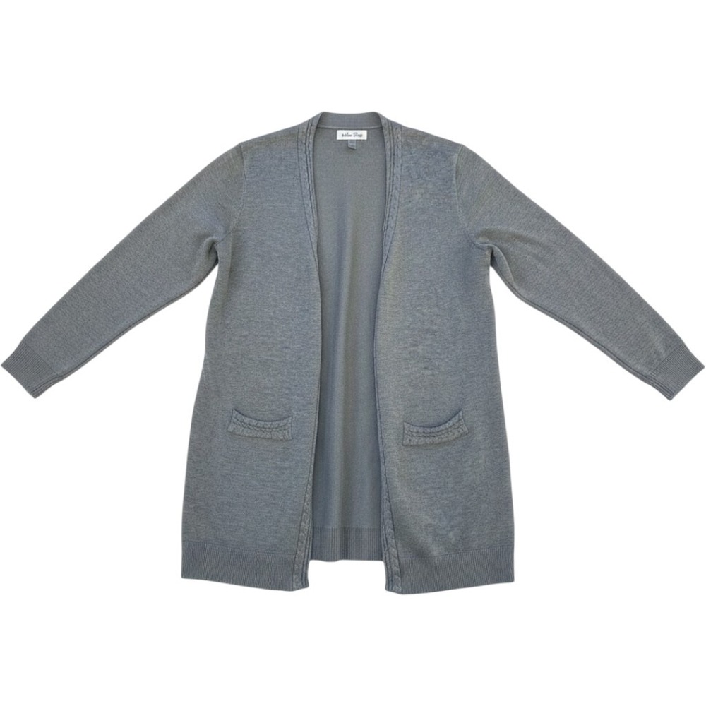 Melissa Paige Womens Gray Knit Long Open Cardigan Tunic Sweater Cable Trim Large